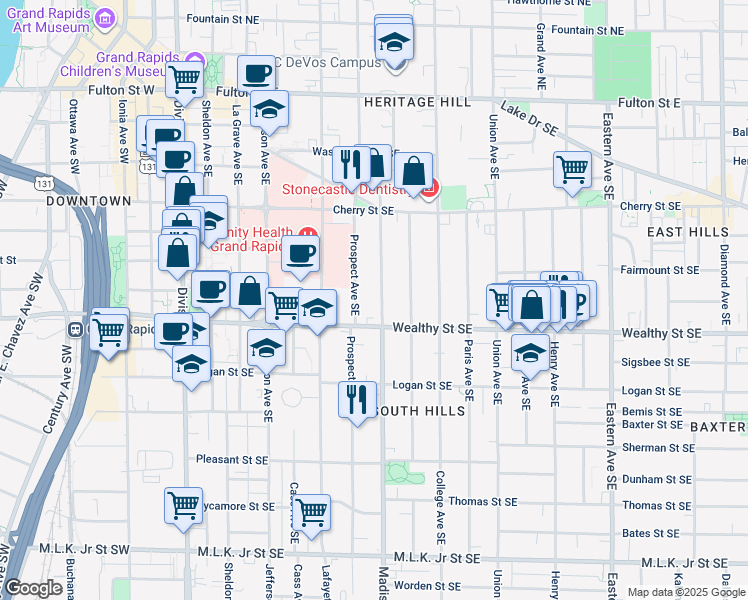 map of restaurants, bars, coffee shops, grocery stores, and more near 314 Madison Avenue Southeast in Grand Rapids