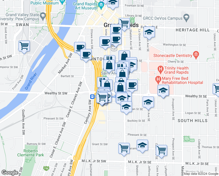 map of restaurants, bars, coffee shops, grocery stores, and more near 315 Commerce Avenue Southwest in Grand Rapids