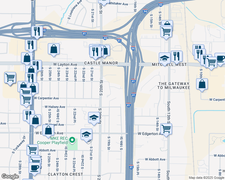 map of restaurants, bars, coffee shops, grocery stores, and more near 4802 South 19th Street in Milwaukee
