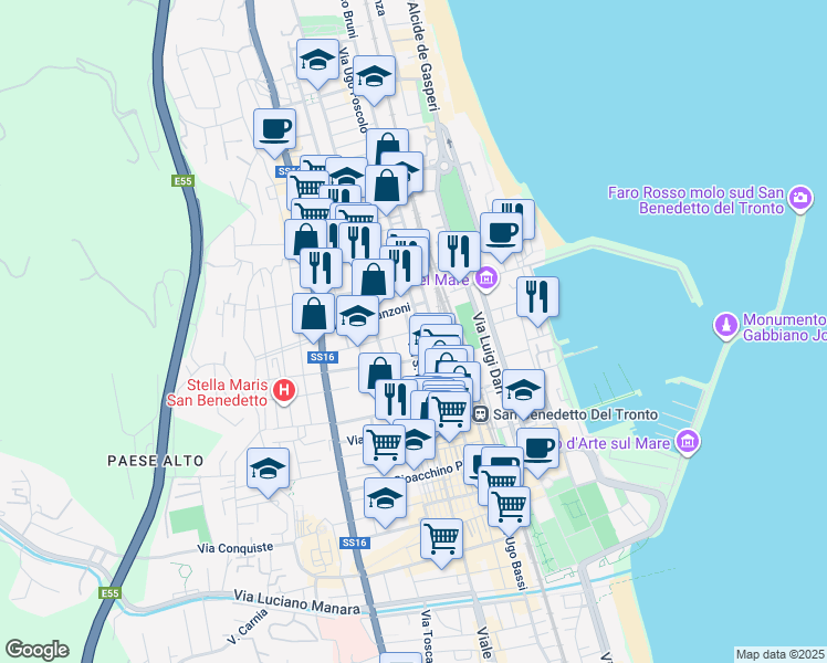 map of restaurants, bars, coffee shops, grocery stores, and more near 33 Via Marsala in San Benedetto del Tronto
