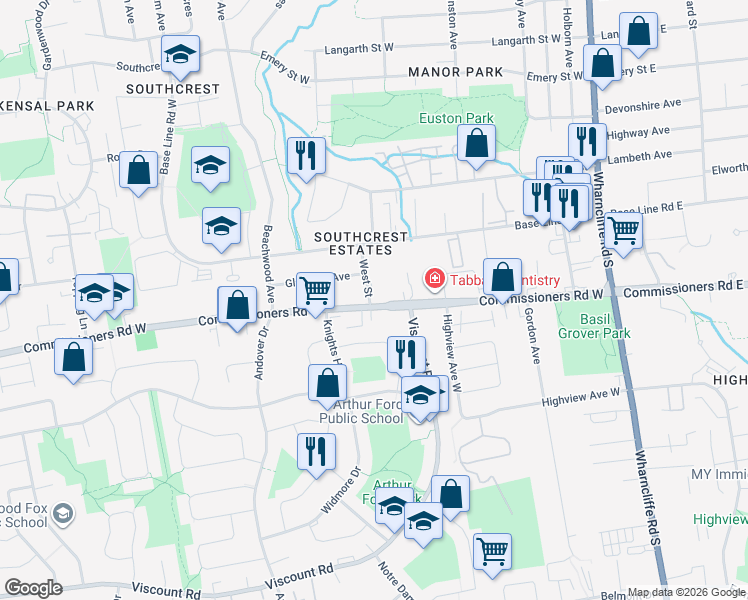 map of restaurants, bars, coffee shops, grocery stores, and more near 153 Gladman Avenue in London