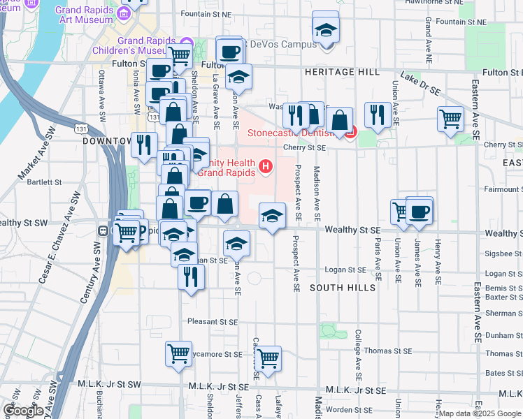 map of restaurants, bars, coffee shops, grocery stores, and more near 235 Wealthy Street Southeast in Grand Rapids