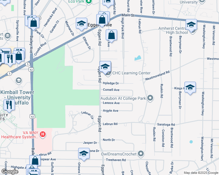 map of restaurants, bars, coffee shops, grocery stores, and more near 36 Cornell Avenue in Buffalo