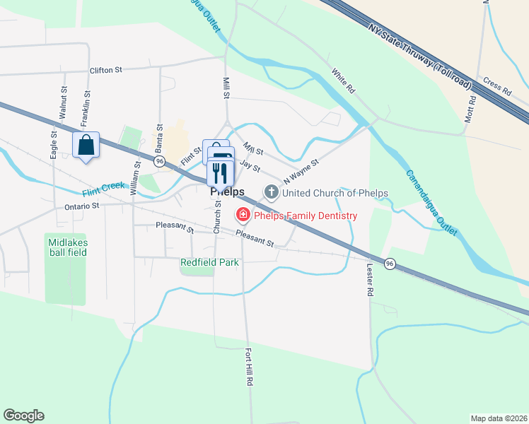 map of restaurants, bars, coffee shops, grocery stores, and more near 61 Main Street in Phelps