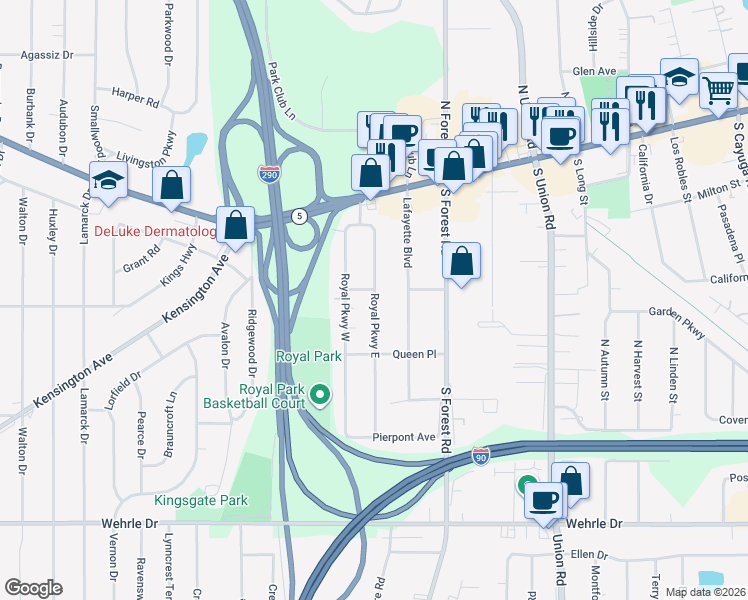 map of restaurants, bars, coffee shops, grocery stores, and more near 125 Royal Parkway East in Buffalo