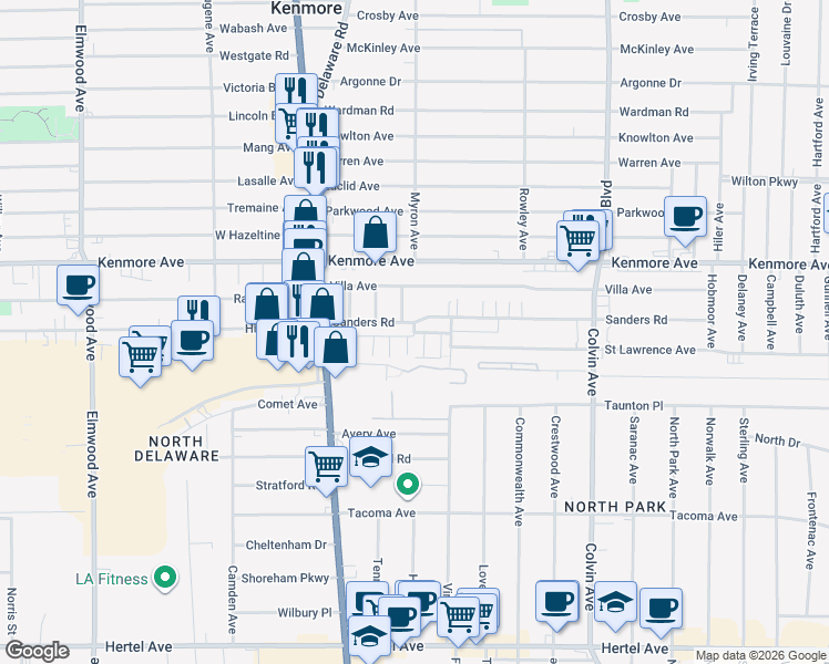 map of restaurants, bars, coffee shops, grocery stores, and more near 1 Delsan Court in Buffalo