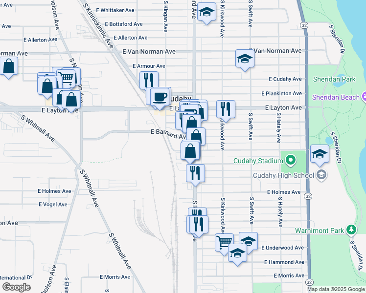 map of restaurants, bars, coffee shops, grocery stores, and more near 3540 Library Drive in Cudahy