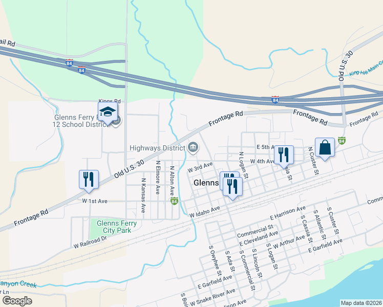 map of restaurants, bars, coffee shops, grocery stores, and more near 202 West 4th Avenue in Glenns Ferry