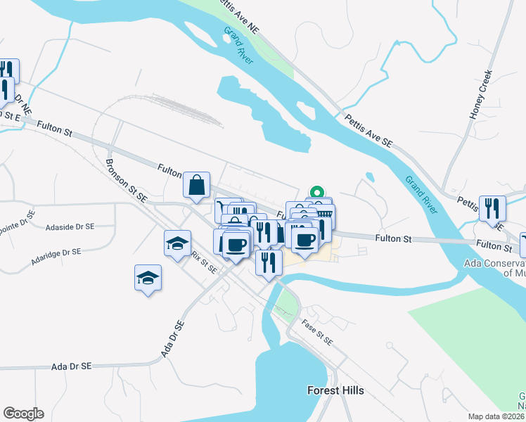 map of restaurants, bars, coffee shops, grocery stores, and more near 7466 Fulton Street East in Ada