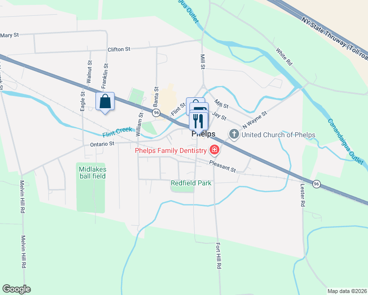 map of restaurants, bars, coffee shops, grocery stores, and more near 10 Pleasant Avenue in Phelps