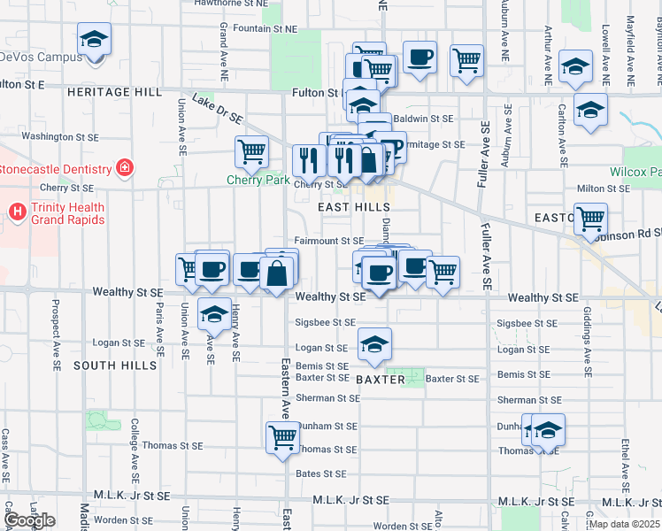 map of restaurants, bars, coffee shops, grocery stores, and more near 331 Eureka Avenue Southeast in Grand Rapids