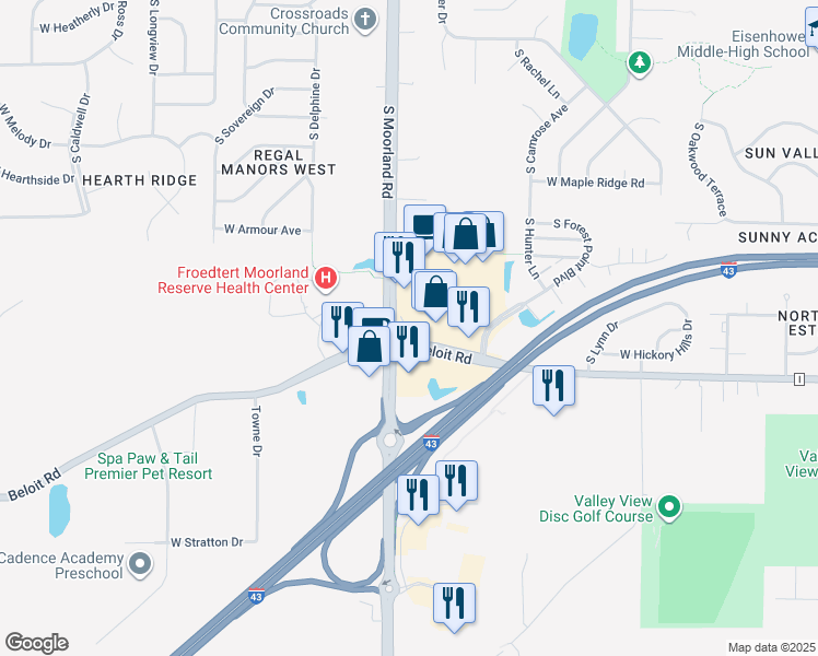 map of restaurants, bars, coffee shops, grocery stores, and more near 4850 S Moorland Rd in New Berlin