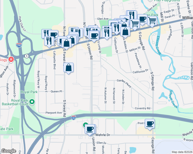 map of restaurants, bars, coffee shops, grocery stores, and more near 107 Canterbury Court in Williamsville
