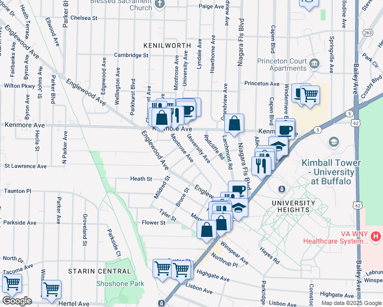 map of restaurants, bars, coffee shops, grocery stores, and more near 111 Montrose Avenue in Buffalo