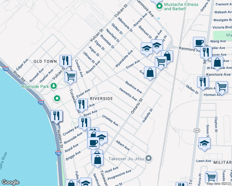 map of restaurants, bars, coffee shops, grocery stores, and more near 94 Henrietta Avenue in Buffalo