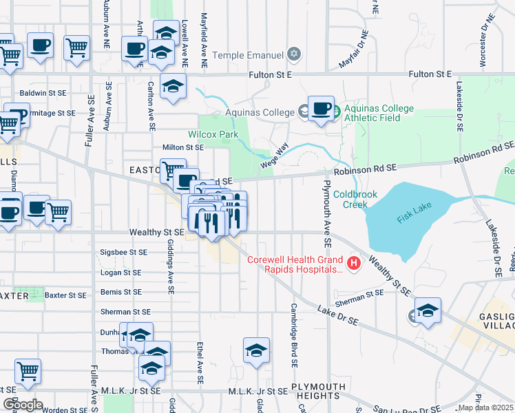map of restaurants, bars, coffee shops, grocery stores, and more near 314 Gladstone Drive Southeast in East Grand Rapids