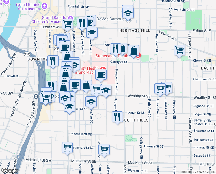 map of restaurants, bars, coffee shops, grocery stores, and more near 235 Wealthy Street Southeast in Grand Rapids