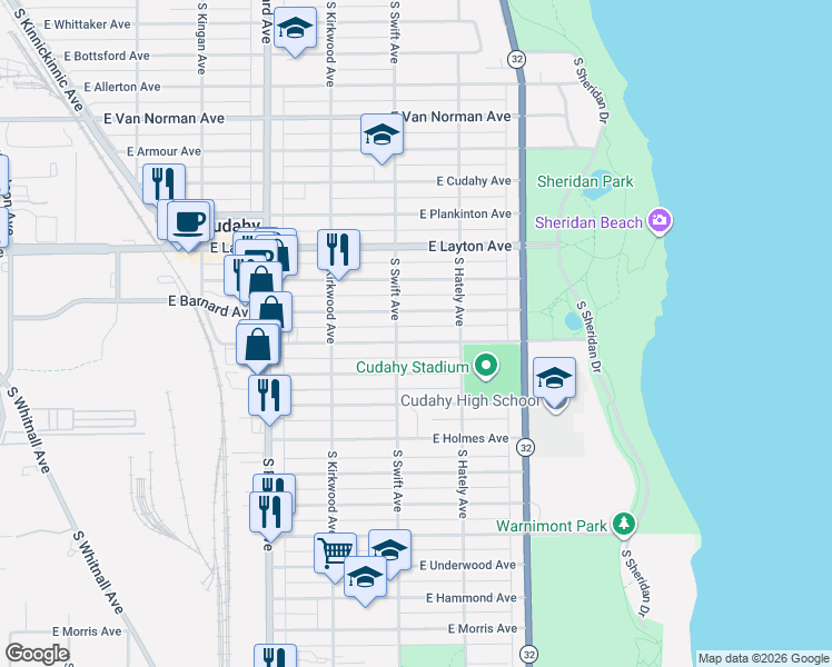 map of restaurants, bars, coffee shops, grocery stores, and more near 3801 East Barnard Avenue in Cudahy