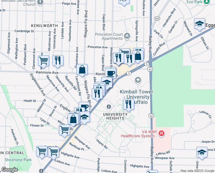 map of restaurants, bars, coffee shops, grocery stores, and more near 12 Capen Boulevard in Buffalo
