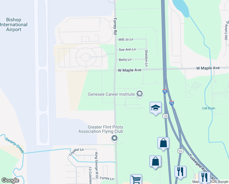 map of restaurants, bars, coffee shops, grocery stores, and more near 5081 Torrey Road in Flint