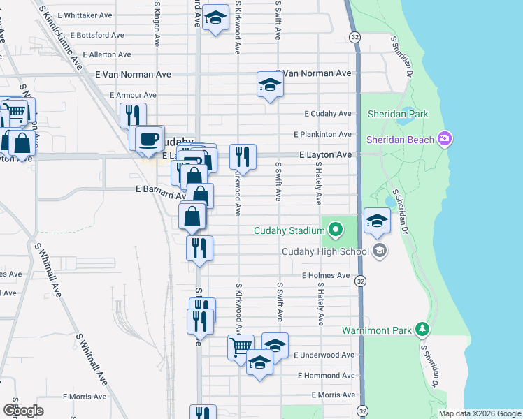map of restaurants, bars, coffee shops, grocery stores, and more near 3735 East Barnard Avenue in Cudahy