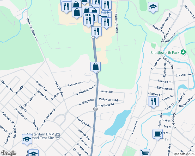 map of restaurants, bars, coffee shops, grocery stores, and more near 5052 New York 30 in Amsterdam