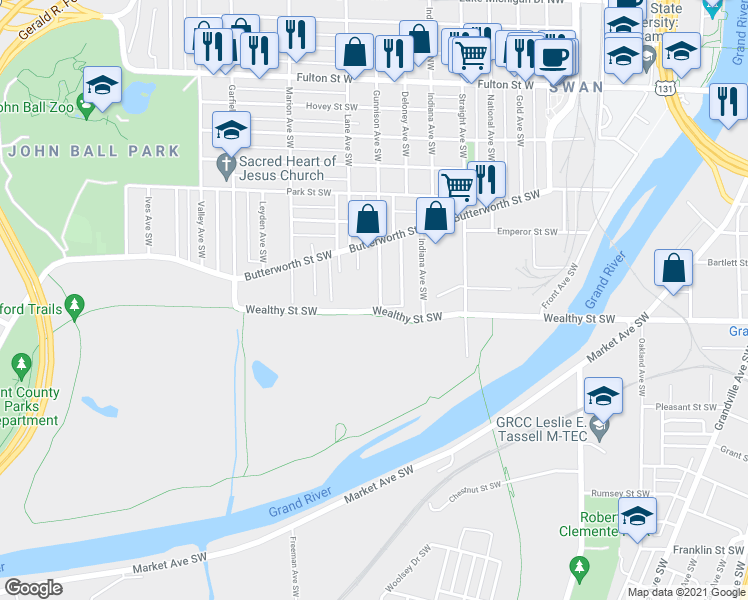 map of restaurants, bars, coffee shops, grocery stores, and more near 365 Gunnison Avenue Southwest in Grand Rapids