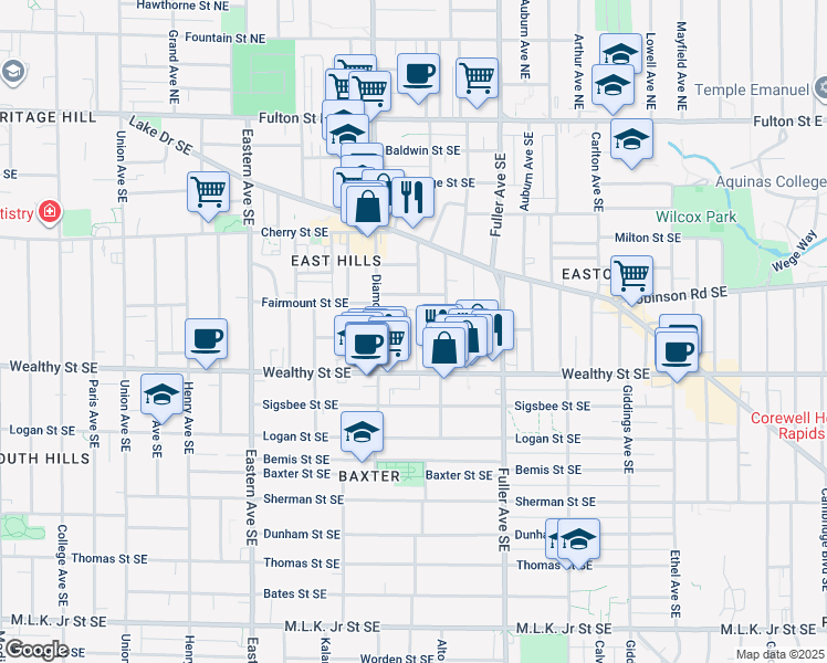 map of restaurants, bars, coffee shops, grocery stores, and more near 323 Robey Place Southeast in Grand Rapids