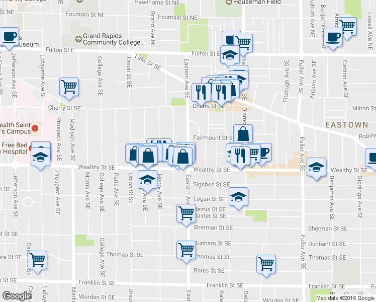 map of restaurants, bars, coffee shops, grocery stores, and more near 327 Eastern Ave SE in Grand Rapids