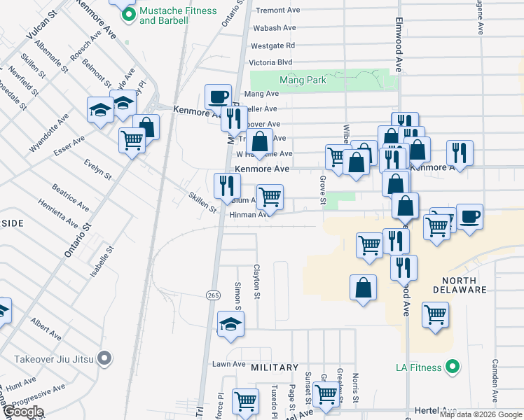 map of restaurants, bars, coffee shops, grocery stores, and more near 77 Blum Avenue in Buffalo