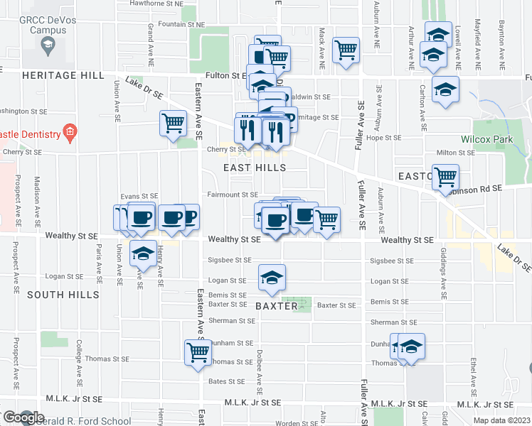 map of restaurants, bars, coffee shops, grocery stores, and more near 937 Virginia Street Southeast in Grand Rapids