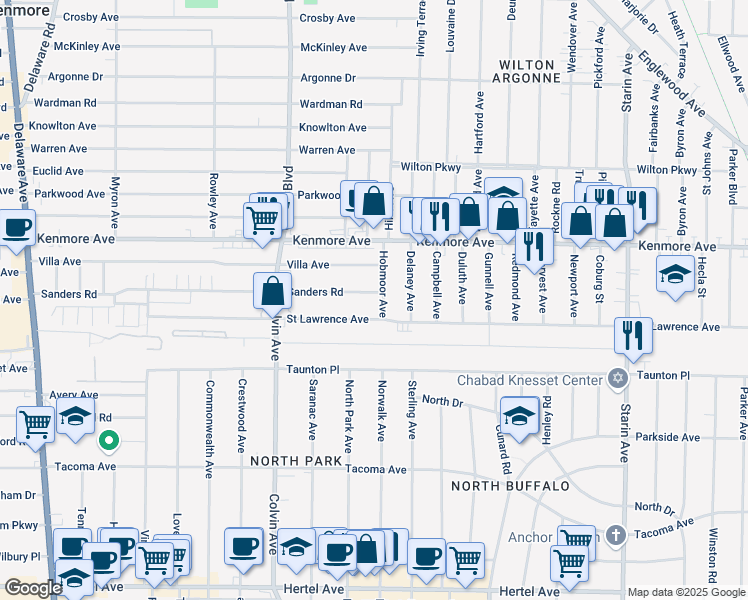 map of restaurants, bars, coffee shops, grocery stores, and more near 389 Sanders Road in Buffalo