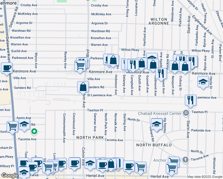 map of restaurants, bars, coffee shops, grocery stores, and more near 383 Sanders Road in Buffalo