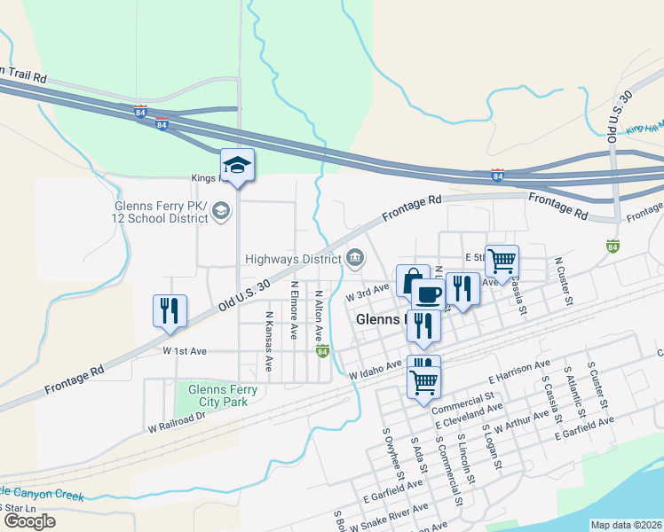 map of restaurants, bars, coffee shops, grocery stores, and more near 202 West 4th Avenue in Glenns Ferry