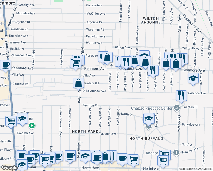 map of restaurants, bars, coffee shops, grocery stores, and more near 389 Sanders Road in Buffalo