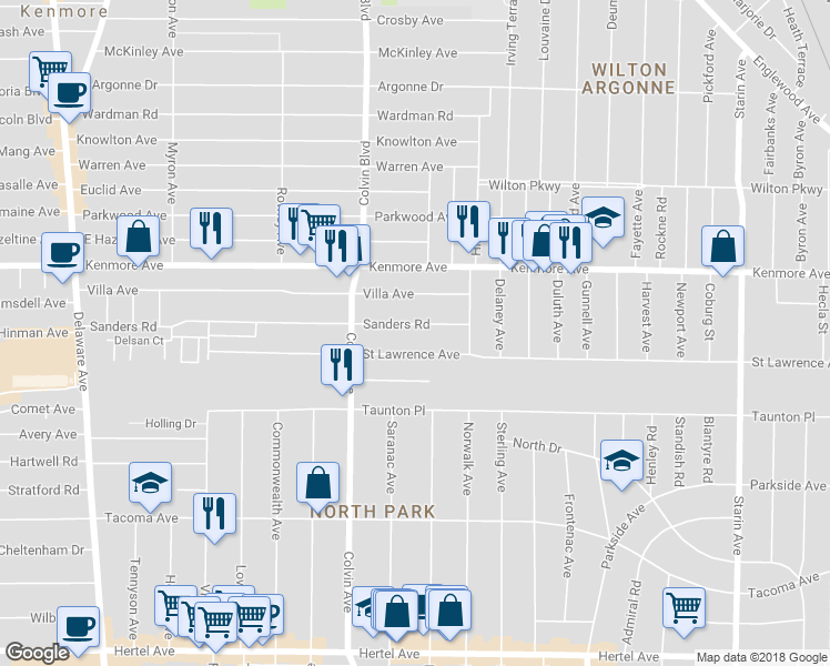 map of restaurants, bars, coffee shops, grocery stores, and more near 347 Sanders Road in Buffalo