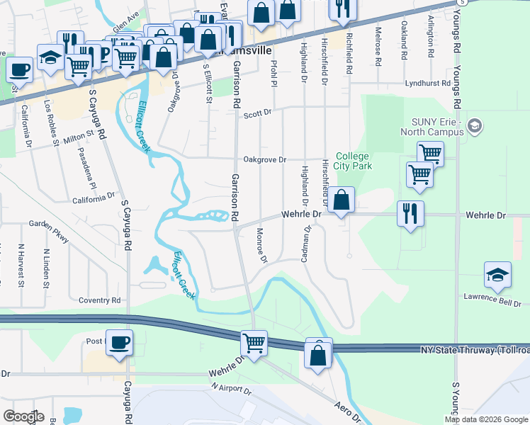 map of restaurants, bars, coffee shops, grocery stores, and more near 160 Monroe Drive in Williamsville