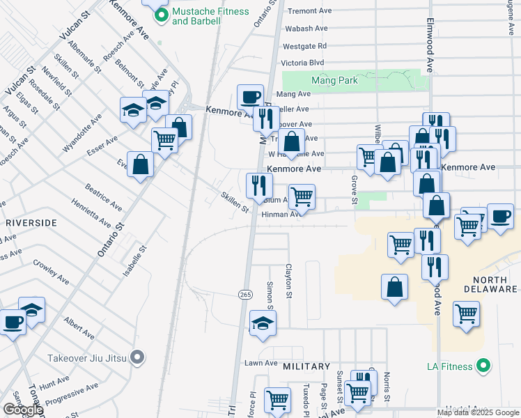 map of restaurants, bars, coffee shops, grocery stores, and more near 715 Military Road in Buffalo