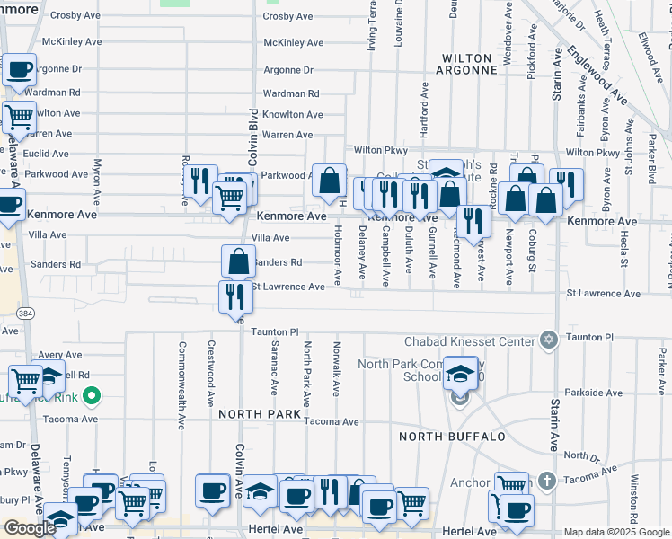 map of restaurants, bars, coffee shops, grocery stores, and more near 397 Sanders Road in Buffalo