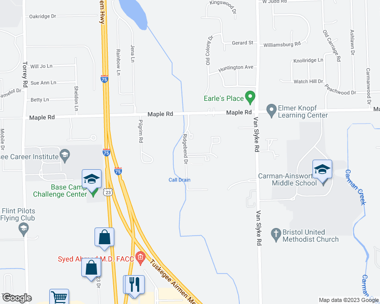 map of restaurants, bars, coffee shops, grocery stores, and more near 5427 Maple Park Drive in Flint