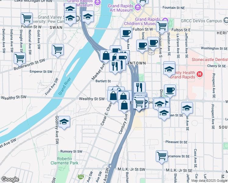 map of restaurants, bars, coffee shops, grocery stores, and more near in Grand Rapids