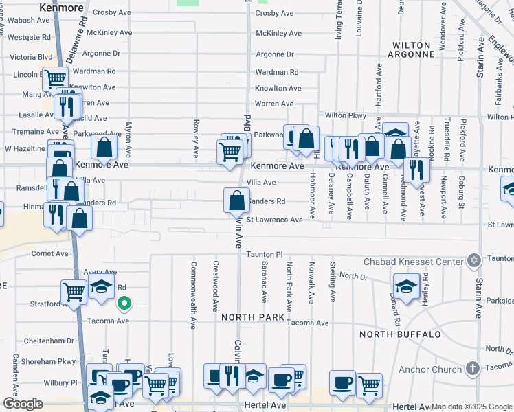 map of restaurants, bars, coffee shops, grocery stores, and more near 307 Sanders Road in Buffalo