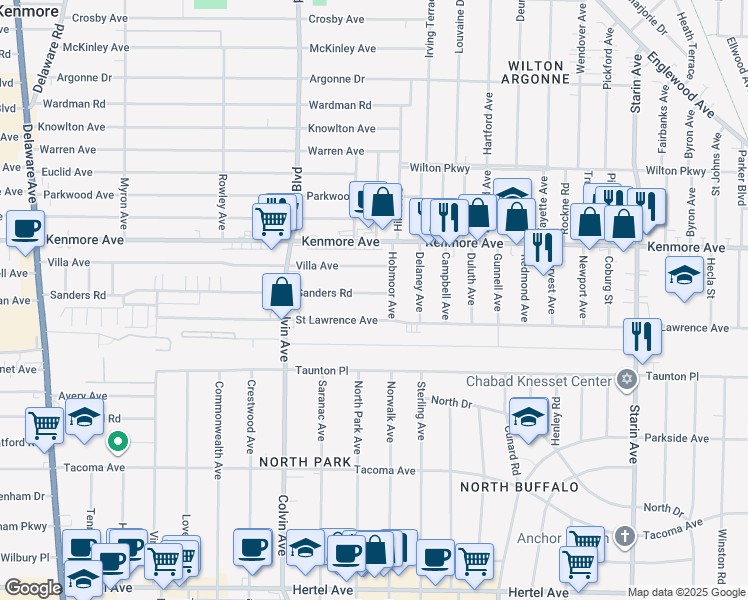 map of restaurants, bars, coffee shops, grocery stores, and more near 389 Sanders Road in Buffalo