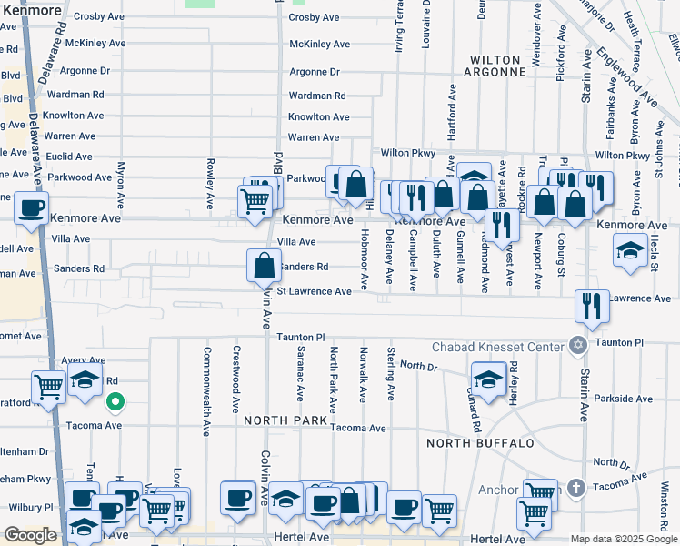 map of restaurants, bars, coffee shops, grocery stores, and more near 389 Sanders Road in Buffalo