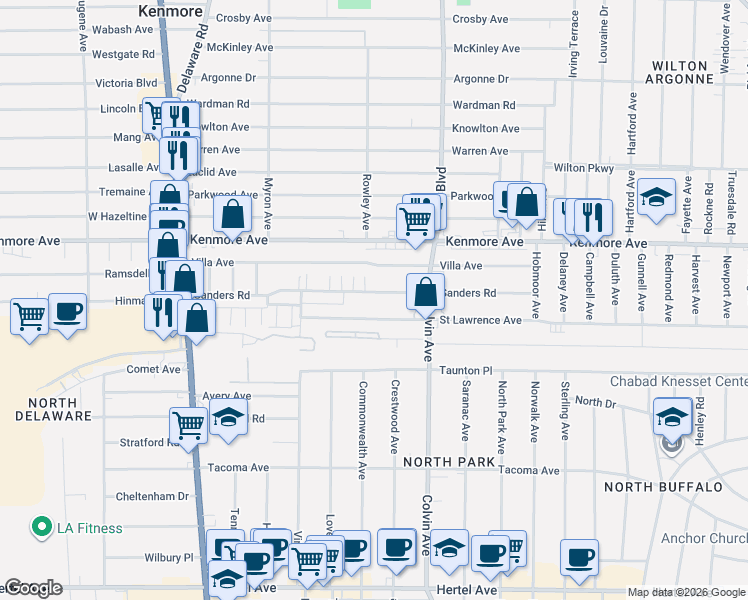 map of restaurants, bars, coffee shops, grocery stores, and more near 227 Sanders Road in Buffalo