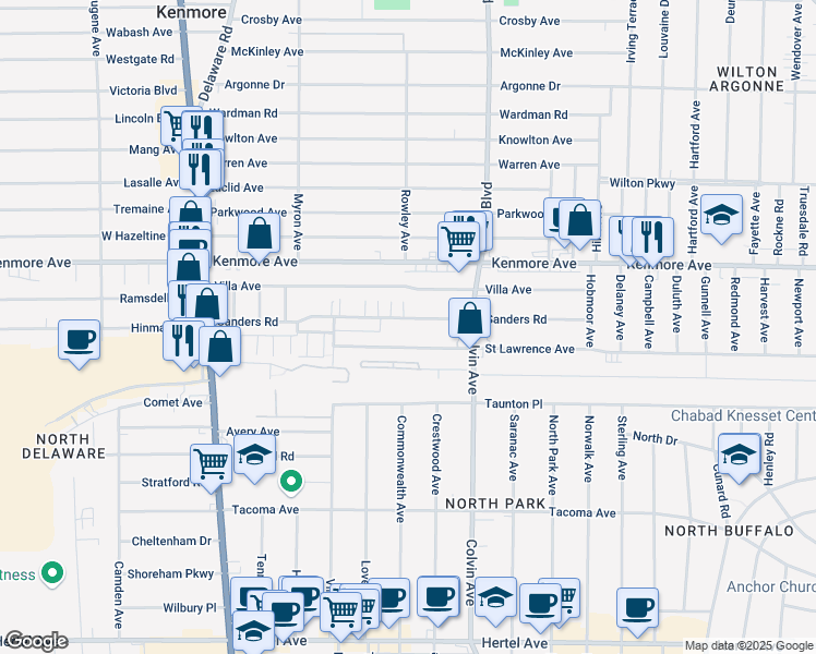map of restaurants, bars, coffee shops, grocery stores, and more near 227 Sanders Road in Buffalo