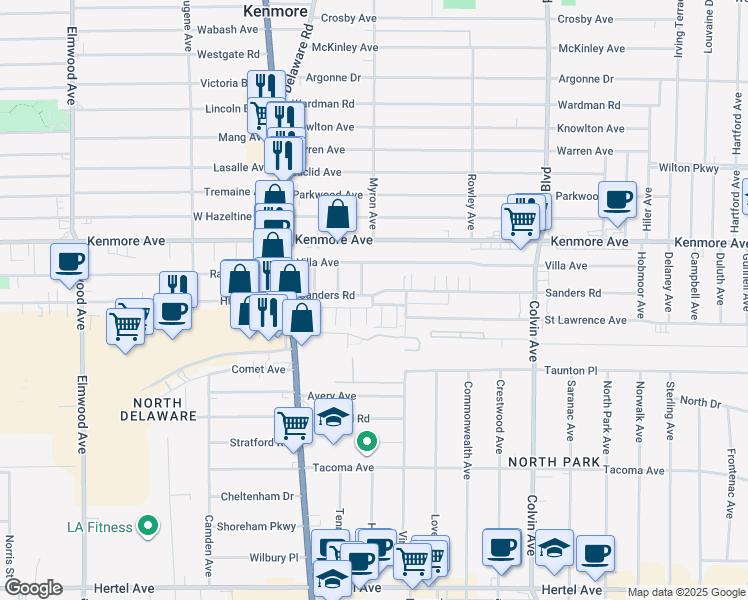 map of restaurants, bars, coffee shops, grocery stores, and more near 101 Sanders Road in Buffalo
