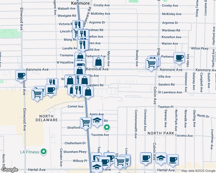 map of restaurants, bars, coffee shops, grocery stores, and more near 101 Sanders Road in Buffalo