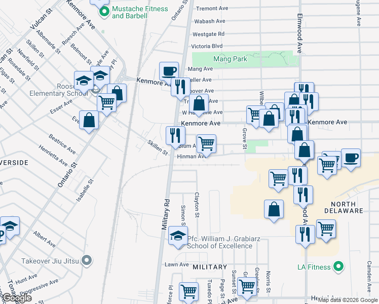 map of restaurants, bars, coffee shops, grocery stores, and more near 27 Blum Avenue in Buffalo