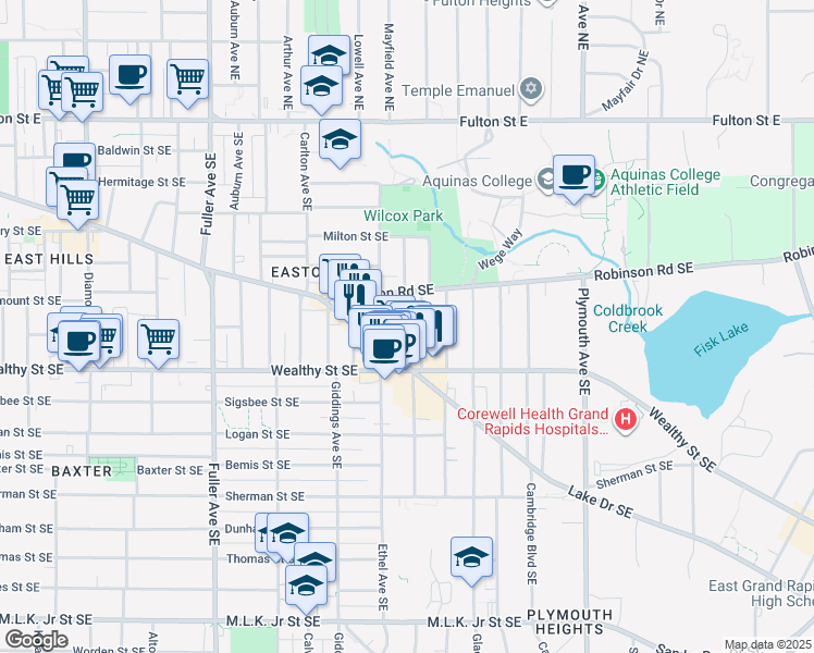 map of restaurants, bars, coffee shops, grocery stores, and more near 326 Hampton Avenue Southeast in Grand Rapids